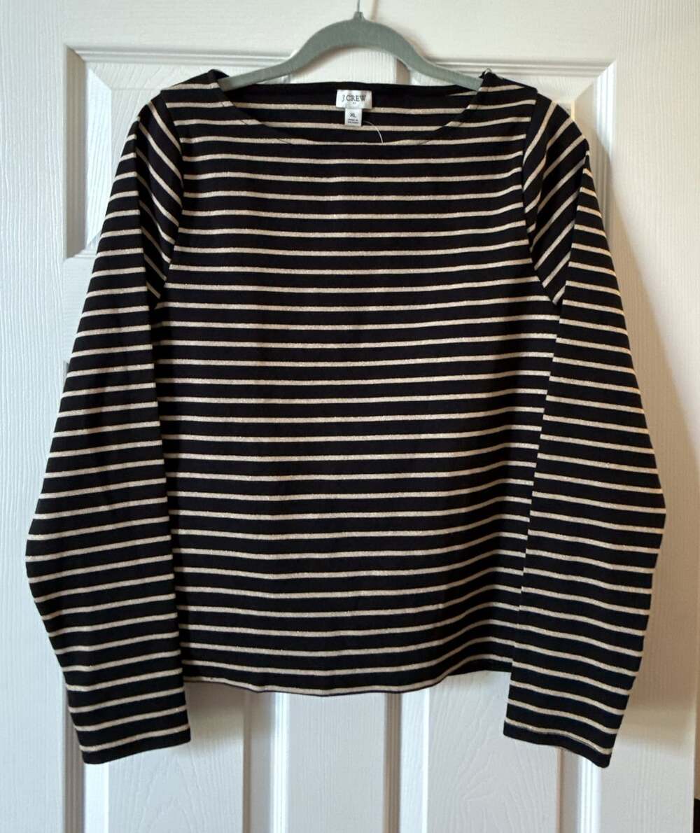 J.Crew Women's Black and Gold Metallic Striped Long Sleeve Boatneck Top